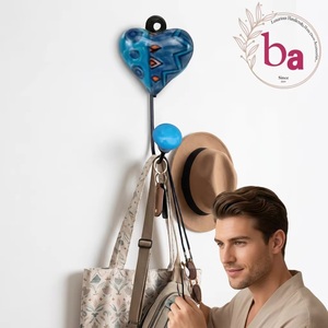 Ceramic Heart Wall Hook Blue Handmade Patterned Vintage Waterproof Eco-Friendly Adjustable Single Hook Novelty Design - Product Image 2