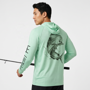 เสื้อฮู้ดตกปลาสีเขียวอ่อนสำหรับผู้ชาย พิมพ์ลายปลา ป้องกันรังสียูวี UPF 50 ระบายอากาศได้ดี ผลิตจากโพลีเอสเตอร์ 100% แขนยาว แบบสวมหัว - Product Image 3