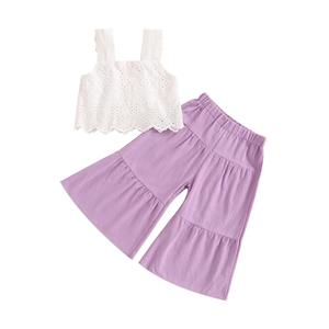 Conjunto de 2 Piezas para Bebés y Niñas Pequeñas, Top sin Mangas con Encaje y Pantalones Anchos Casuales con Elástico, Ropa Transpirable de Color Sólido - Product Image 1