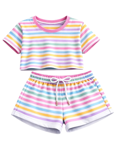 ชุดเซ็ตเสื้อครอปและกางเกงขาสั้นลายรุ้งสำหรับผู้หญิง สไตล์ลำลองสำหรับฤดูร้อน ชุดสองชิ้น เอวยางยืด ชุดลำลองใส่สบายๆ สตรีทแวร์ รับผลิตแบบ OEM - Product Image 1