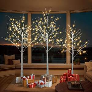 Juego de 3 árboles de abedul artificiales iluminados de 4 pies, 5 pies y 6 pies con luces LED cálidas para decoración navideña y de fiestas - Product Image 1