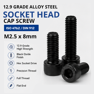 สกรูหัวหกเหลี่ยมเกลียวปล่อย ขนาด M2.5x8 มม. เกรด 12.9 ผลิตจากเหล็กอัลลอยด์เคลือบสีดำออกไซด์ มาตรฐาน ISO 4762 DIN 912 เกลียวหยาบ เกลียวเต็มตัว ปลายแบน - Product Image 1