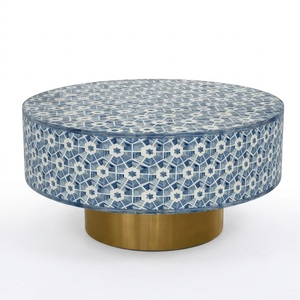 Table basse artisanale en os incrusté de motifs floraux avec 2 tiroirs, style marocain bleu et blanc, table centrale sur mesure pour usage domestique, vente en gros - Product Image 6