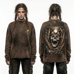 Sweat à capuche zippé noir effet délavé pour femme, motif casque de Viking, impression maille de chaîne, flèche et crâne percé, style streetwear nordique - Product Image 3