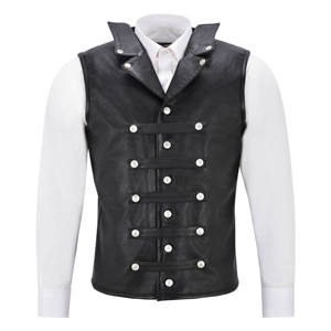 <b>Men</b> Genuine <b>Leather</b> <b>Vest</b> Double Breasted Button Closure Solid Color Turn-down Collar Autumn Outer Wear - Product Image 3