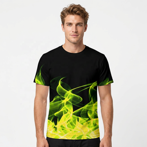Camiseta de Manga Corta Negra para Hombre, Estampado de Llamas Verdes y Amarillas, Corte Regular, Cuello Redondo, Tejido de Punto, Spandex/Poliéster, Casual, Hip Hop, Transpirable - Product Image 3