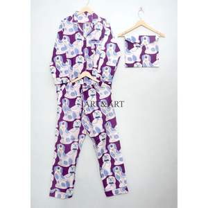 Conjunto de pijama para mujer con estampado de perro, elegante y bonito, hecho a mano, 100% algodón, cintura elástica, floral, manga larga, largo completo - Product Image 3