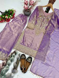 Conjunto de Kurti y Palazzo Bordado en Lavanda con Dupatta de Organza para Mujer, Traje Étnico de Diseñador para Fiestas y Bodas con Trabajo Zari - Product Image 4
