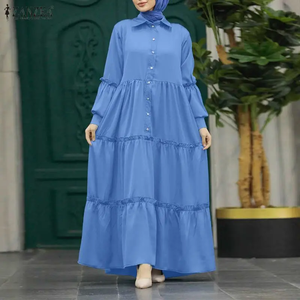 Muslim Hijabi Modest Long <b>Dress</b> Women's Turn-Down Collar Long Sleeve <b>Ruffles</b> Trim Tiered <b>Dresses</b> Islamic Abaya Robes 3XL - Product Image 3