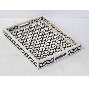 Bandeja de Servir de Alta Calidad Hecha a Mano con Incrustaciones de Hueso, Diseño Cuadrado Marrón y Blanco, Origen India, Bandeja Decorativa Moderna para Té - Product Image 6