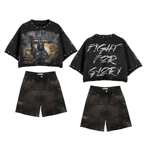 ชุดเซ็ตเสื้อยืดสกรีนลายผ้าไหมสำหรับฤดูร้อน สไตล์สตรีทแวร์ ผ้าฝ้าย 100% ทรงบ็อกซี่ กางเกงขาสั้นทรงสปอร์ตแบบทำสีเอซิดวอช Glory Custom Tracksuits - Product Image 1