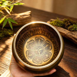 Handcrafted Antique Brass Singing <b>Bowl</b> with Intricate Buddha Mandala Engraving Wooden Mallet and <b>Red</b> Gold Embroidered - Product Image 3