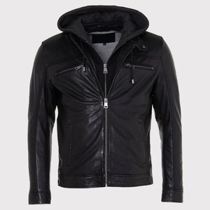 เสื้อแจ็คเก็ตหนังสีดำสำหรับผู้ชายพร้อมฮู้ดที่ถอดออกได้ - Product Image 1