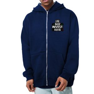 Sweat-shirt à capuche bleu marine pour homme, imprimé « Manger, Dormir, Investir, Répéter », coupe classique, en molleton de coton, décontracté, respirant, pour l'hiver - Product Image 1