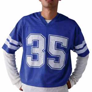 Maillot de football américain personnalisé de qualité supérieure en maille bleue pour hommes, respirant, en polyester, col en V, uniforme d'équipe, manches courtes, t-shirt athlétique OEM - Product Image 6