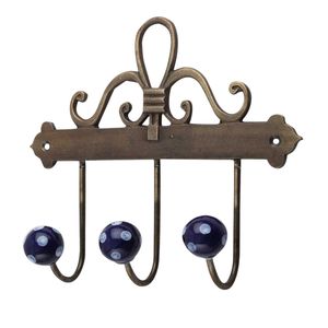 Antique Metal Triple Coat Rack with Blue Polka Dot Ceramic Knobs <b>Decorative</b> <b>Wall</b> Mounted Towel and Hat <b>Hanger</b> Hook Rail - Product Image 1