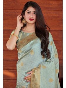 Katan New Saree Latest Designer Party Wear Wedding Ladies Women Wear BANARASI SILK GOLDEN BORDER SAREE WITH UNSTICTH 69413 - Product Image 2