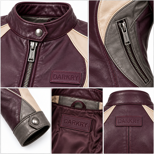 Blouson de course pour femme en cuir de vachette véritable, couleur bordeaux, gris crème, Darkry, coupe ajustée, style motard, vêtement d'extérieur sportif - Product Image 6