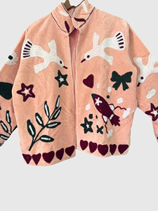 Veste matelassée rose brodée à la main avec des oiseaux et des fleurs, col mandarin, manches longues, vêtement d'automne pour femmes - Product Image 4