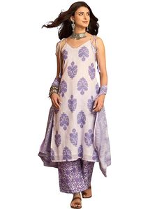 Conjunto de Kurta y Palazzo de Lino Suelto con Encaje Estampado para Mujer, con Dupatta, Cuello en V, Sin Mangas, Largo hasta la Rodilla, Estilo Étnico de Verano para Oficina - Product Image 1