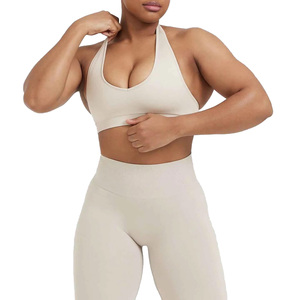 Women's Breathable Beige Sports Bra High Neck Crop <b>Top</b> Seamless Yoga Fitness Workout Wear Solid Color Athletic Bra - Product Image 1