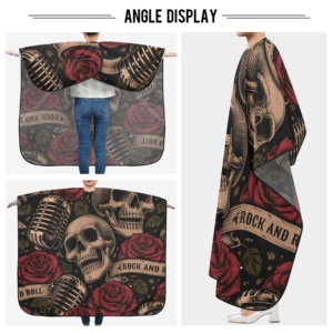 Capa de Peluquería Desechable con Diseño de Calaveras y Rosas de Rock and Roll, Resistente al Agua, con Goma y PVC, y Diseño de Micrófono - Product Image 5