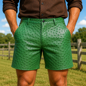 Shorts de motard de luxe pour homme en cuir d'autruche véritable gaufré, taille mi-haute - Vêtement en cuir exotique, cadeau pour lui - Product Image 5