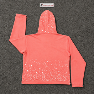 Sudadera con capucha rosa coral con pedrería, estilo oversize, streetwear, con cremallera completa, informal, unisex, de moda, al por mayor - Product Image 6