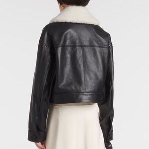 2026 New Crop Style Genuine Leather <b>Bomber</b> <b>Jacket</b> <b>Shearling</b> Collar Women Leather <b>Jacket</b> Good Quality With Customized Serviced - Product Image 6