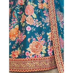 Vêtements de mariage en soie d'art imprimé floral bleu sarcelle Lehenga Choli - Product Image 3