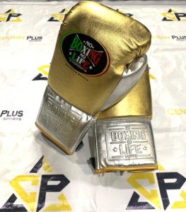 Guantes de Boxeo Personalizados OEM con Cordones, de Cuero Vacuno Genuino, en Dorado y Plateado Metálico, con la Frase 'No Boxing No Life', Modelo CP-BG-274 - Product Image 4