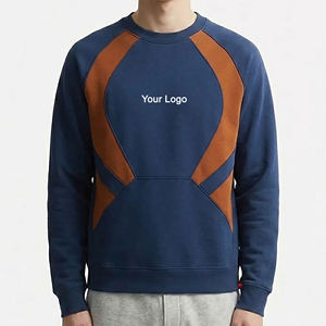 Custom Logo Men's Navy Blue Crew Neck Sweatshirt With <b>Brown</b> Patchwork Color Blocking Regular Fit Long Sleeve Knitted Cotton - Product Image 1