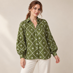 Camisa de algodón verde para mujer, estampado geométrico, manga globo, corte holgado, blusa informal de verano - Product Image 1