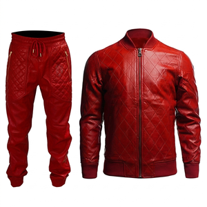 Chándal de cuero PU acolchado rojo para hombre, con cremallera completa, cuello alto, informal, de color liso, cortavientos, para otoño - Product Image 1
