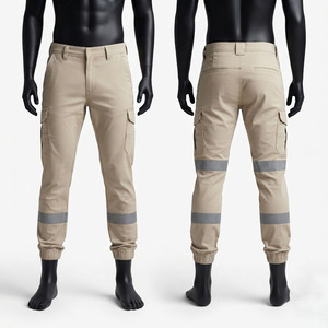 Premium 280 GSM Cotton Corduroy <b>Waterproof</b> Eco-Friendly Work Pant Beige Cargo <b>Trousers</b> Reflective Panels Elastic Cuffs Utility - Product Image 1