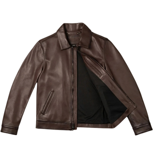 <b>Mens</b> Dark Brown Genuine Leather Streetwear Jacket <b>Shirt</b> Collar Zip Front Slim Fit Minimalist Premium Casual OEM <b>Winter</b> Outerwear - Product Image 5