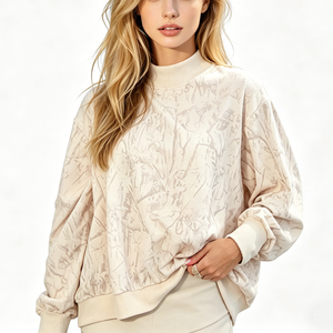 Womens Mock Neck Sweatshirt Drop Shoulder Patterned Vanilla Cream Pullover Fleece - Product Image 1