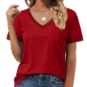 T-shirts décontractés personnalisés pour femmes, col en V, manches courtes, en coton respirant, unis, coupe ajustée, pour l'été - Product Image 4