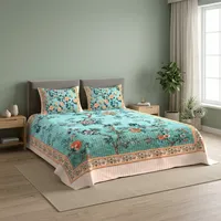 Drap de lit en microfibre douce 7D, 125 GSM, 300 fils, durable, écologique, toutes saisons, avec motif d'arbre bleu ciel