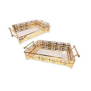 Metal And Glass Gold Color Ramadan <b>Tray</b> Set Of Two Rectangular Shape Islamic <b>Tray</b> For Home Tableware Usage - Product Image 1