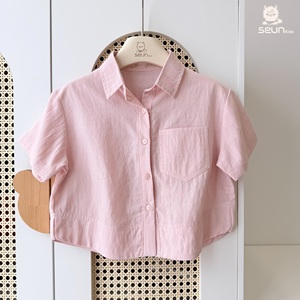 Chemise à manches courtes boutonnée pour enfants SeunKids, tissu tissé en lin Tencel, chemise décontractée pour garçons et filles - Product Image 5