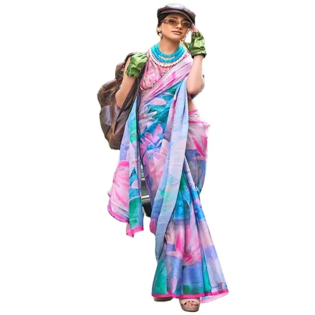 Радужная цветная атласная жоржет прозрачная не сшитая цифровая сари с принтом и блузкой | Новый производитель Этнических Сари из Индии |