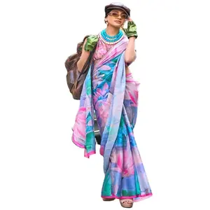 Regenboogkleur Satijn Georgette Doorschijnende Niet-Gestikte Digitale Bedrukte Sari Met Blouse | Nieuwe Etnische Sarees Fabrikant Uit India |