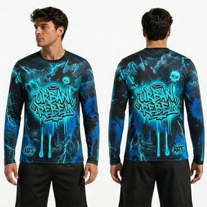 Camiseta Deportiva de Manga Larga de Poliéster con Sublimación Gráfica Urbana Azul, Ropa Deportiva Ligera de Alto Rendimiento - Product Image 1