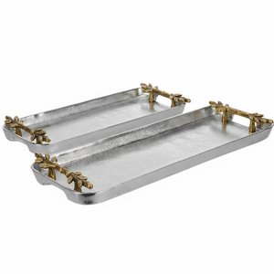 Aluminium <b>Silver</b> Fruit Serving Tray With Gold Branches Handle Dishwasher Safe Customizable for Home Hotel & Restaurant Use - Product Image 3