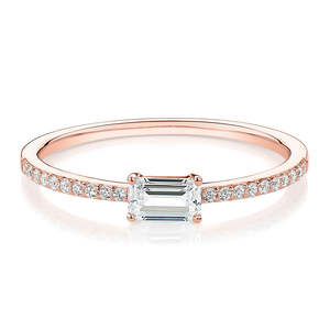 0.39 CT Emerald Cut Lab Grown Diamond Engagement <b>Ring</b> Pave Band 14K Rose Gold <b>Thin</b> IGI Certified Rhodium Plated Minimalist - Product Image 1