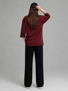 Women Solid Maroon Three Quarter Sleeve <b>Top</b> <b>And</b> <b>Black</b> Wide Leg Pants Two Piece Casual <b>Set</b> - Product Image 2