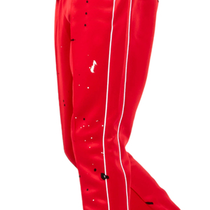 Pantalon de survêtement rouge pour homme avec bande latérale blanche, taille élastique, respirant, décontracté, imprimé personnalisé, style hip-hop, effet peinture éclaboussée - Product Image 3