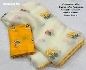 Magnifique sari en organza et mousseline avec broderie multi-fils et travail floral Butti, et chemisier en soie Banarasi Minakari – Vente en gros - Product Image 2