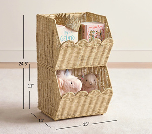 New Latest Design Hot Trend Natural Wicker <b>2</b>-<b>Tier</b> Storage Bin Unique Scalloped Edges Toy & Book Rack For Home Decor Kid Room - Product Image 5
